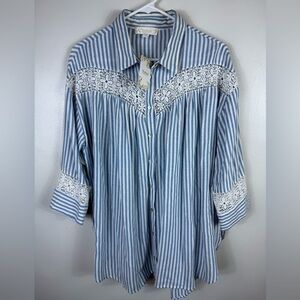 Suzanne Betro Tunic Blouse‎ Blue White Stripe NWT Button Up Crochet Boho